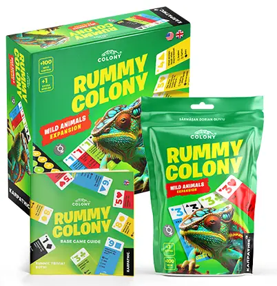 Wild animals Game Expansion Rummy Colony board game for family and kids created by Dorian Sarmasan a romanian games designer and creative director of Karpathic Brands