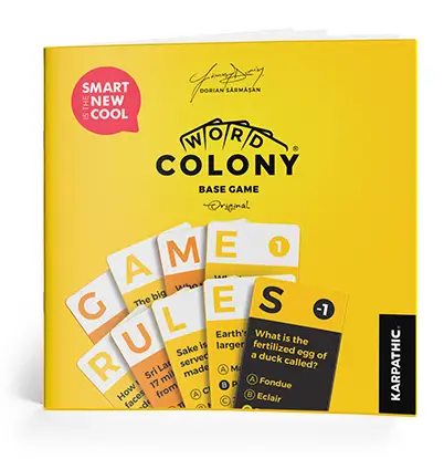 Game components Word Colony Original board game for family and kids created by Dorian Sarmasan a romanian games designer and creative director of Karpathic Brands