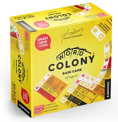 Game components Word Colony Original board game for family and kids created by Dorian Sarmasan a romanian games designer and creative director of Karpathic Brands