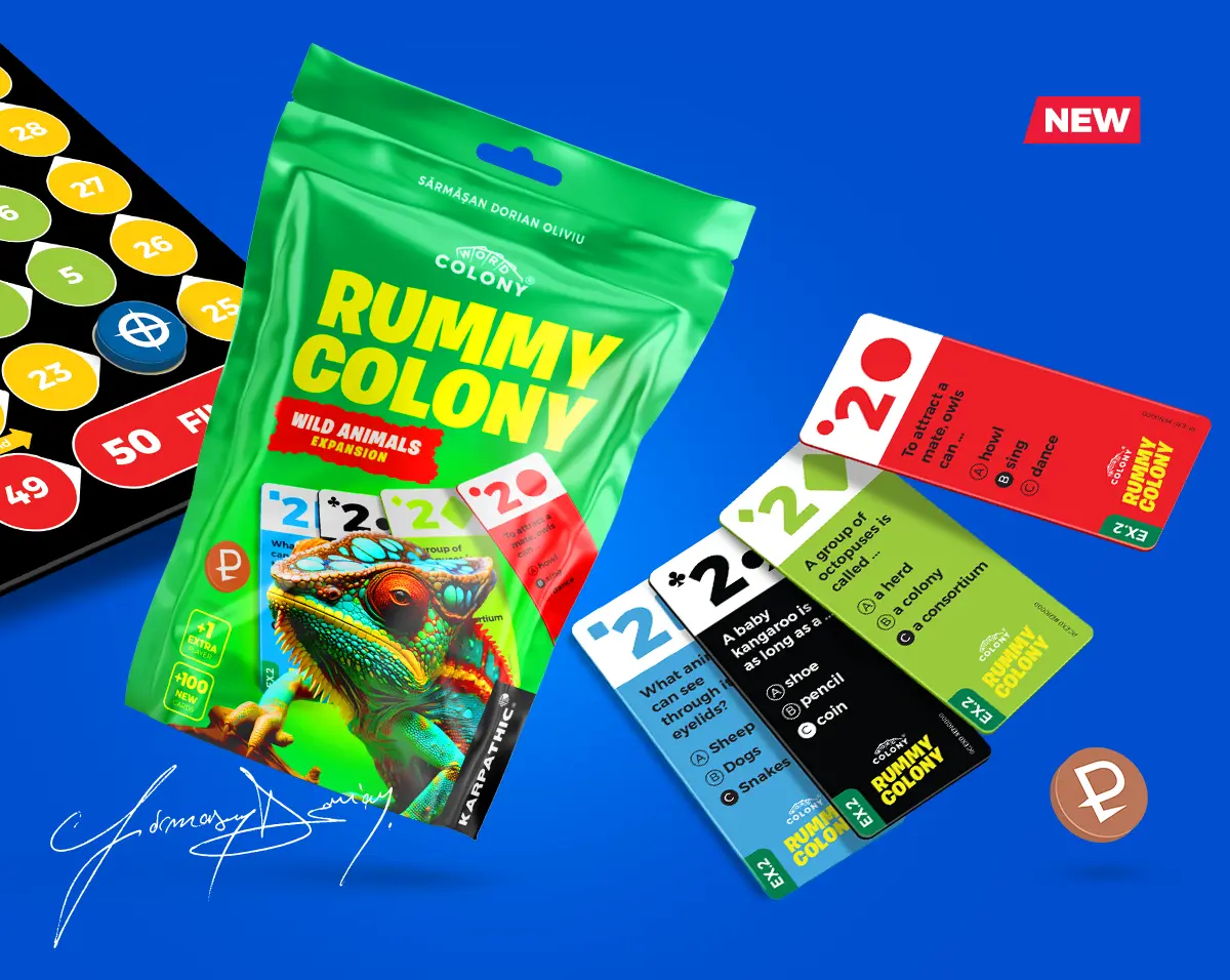 Wild Animals Game Expansion Rummy Colony board game for family and kids created by Dorian Sarmasan a romanian games designer and creative director of Karpathic Brands