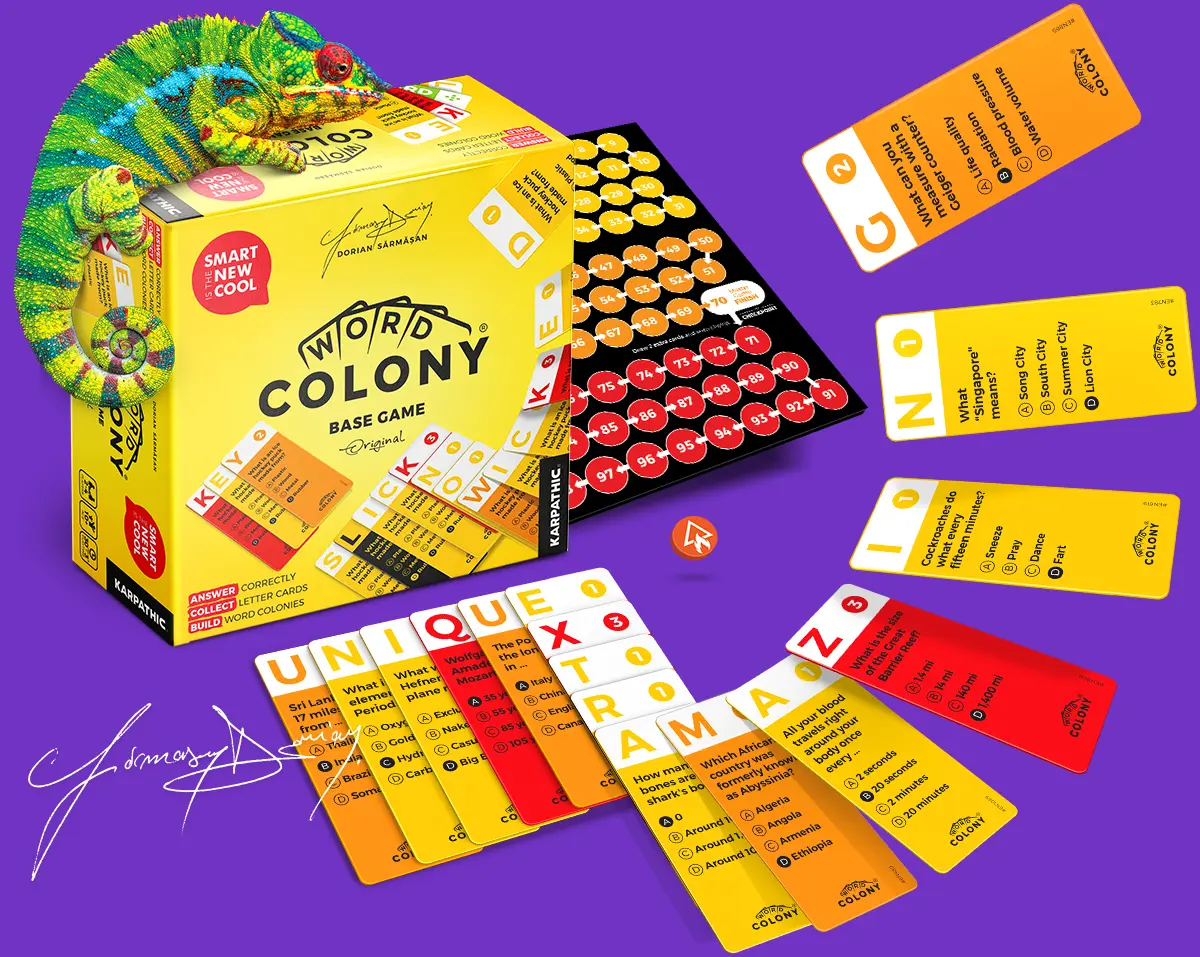 Word Colony Original board game for family and kids created by Dorian Sarmasan a romanian games designer and creative director of Karpathic Brands